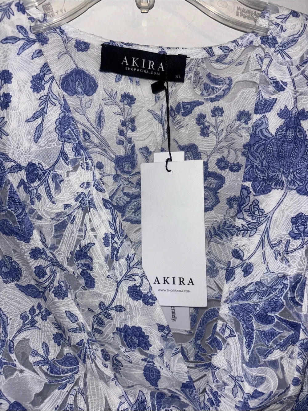 AKIRA Blue and White Floral Tie-Front Peplum Blouse - Picture 4 of 5